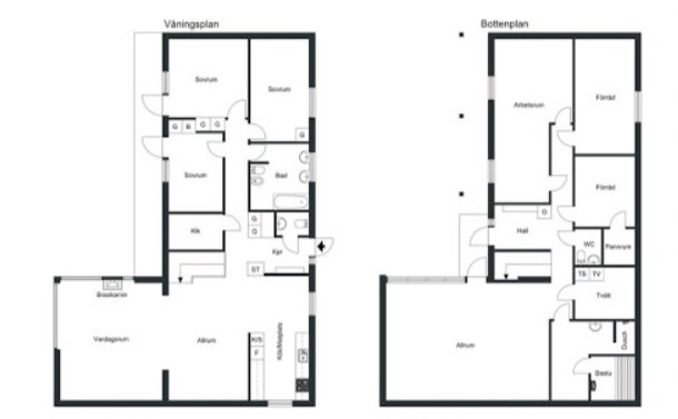 Planritning av en suterrängvilla med två våningar som visar rumsuppdelning och positionering för renovering och värmeinstallationer.