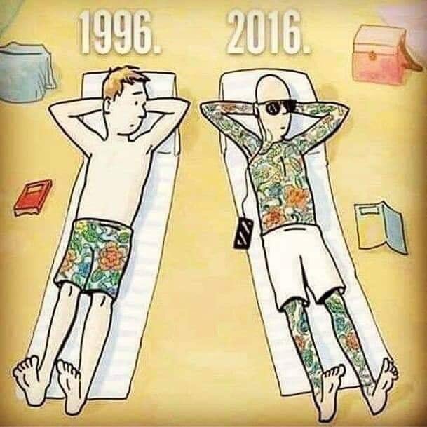 Illustration som jämför en person på stranden 1996 med bok vid sidan, och 2016 med smartphone och solglasögon.