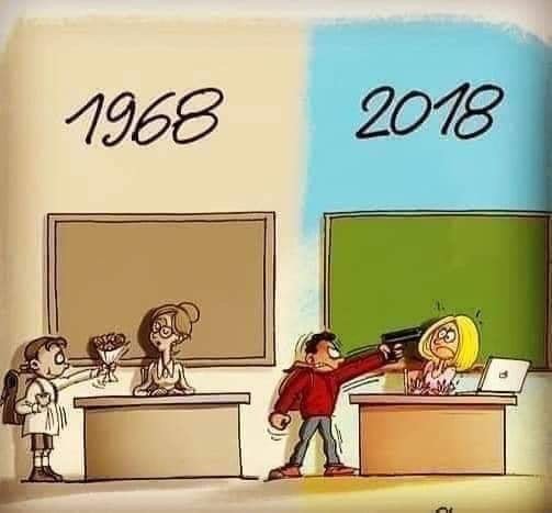 En serieteckning som jämför 1968 med 2018 i en skolsituation, där en elev ger en lärare en äpple och en elev pekar med en pistol.