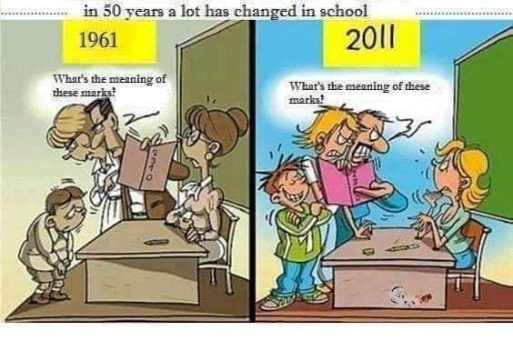 Två serierutor som jämför skolor 1961 och 2011 med lärare och elever som diskuterar betyg.