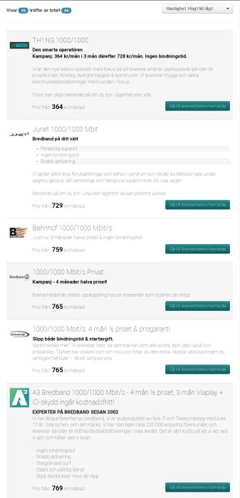 Skärmdump av bredbandsprisjämförelse med olika leverantörer och priser per månad.