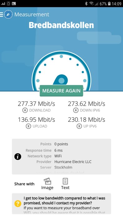 Skärmavbild från Bredbandskollen som visar uppmätt hastighet via WiFi, 277,37 Mbit/s nedladdning, 136,95 Mbit/s uppladdning.