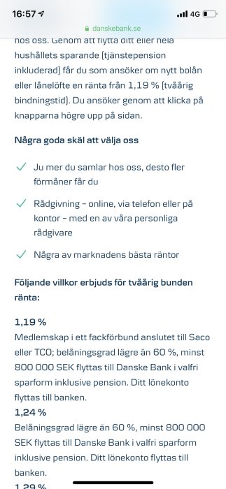 Skärmdump från Danske Banks webbplats visar villkor för bunden ränta på bolån.