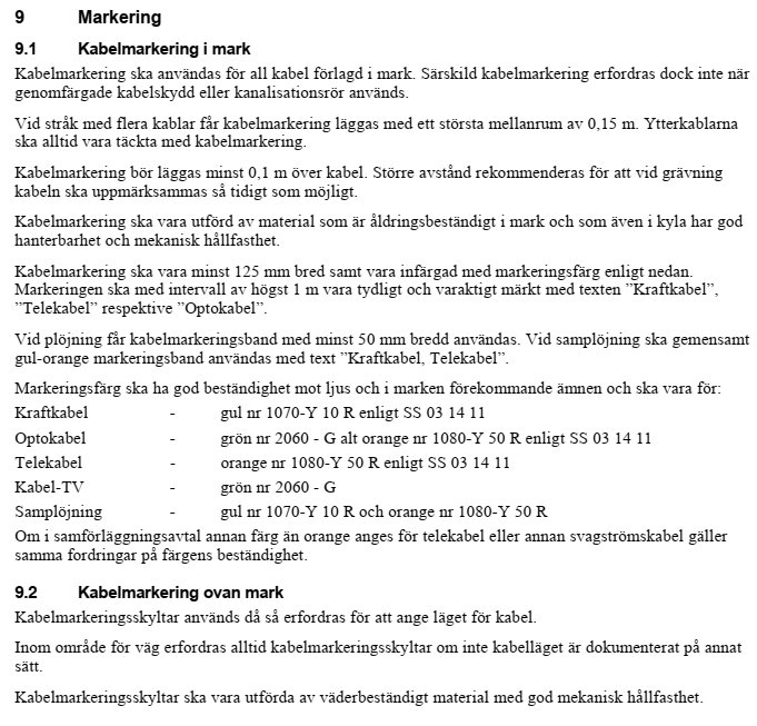 Skärmdump av en text som förklarar riktlinjer för markering av kablar i och över mark, inkluderar specifikationer för färgkoder och materialkrav.