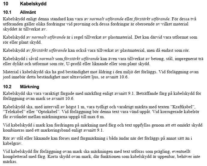 Sida från en handbok som beskriver krav och riktlinjer för kabelskydd i sektionerna 10.1 'Allmänt' och 10.2 'Märkning'.