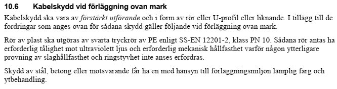Textdokument som beskriver anvisningar för kabelskydd vid förläggning ovan mark, inklusive materialkrav och standarder.