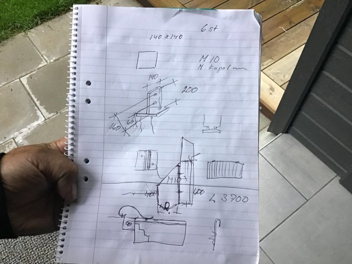 Handhållen ritning av avrinningsbehållare med måttangivelser på linjerat papper.