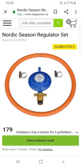 Orange gasolslang med tryckregulator och två klämmor, annonserad på en webbshop.