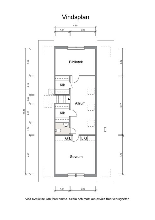 Ritning av vindsplan visar layout med sovrum, allrum, bibliotek och måttangivelser.