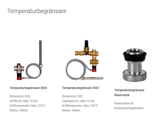 Tre olika temperaturbegränsare med specifikationer, modell 3065, 5067 och reservdelar, för byggprojekt.