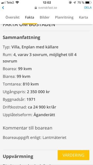 Skärmdump av fastighetsannons med detaljer om en villa, inklusive storlek, pris och byggår.