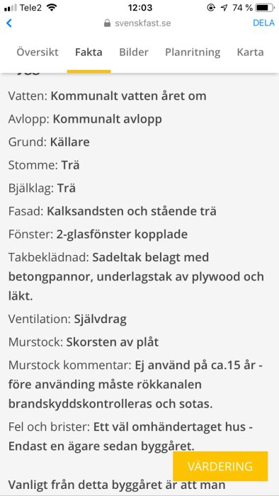 Skärmdump av besiktningsprotokoll på webbsida med information om husets byggnadsdetaljer, värdering och rekommendationer.