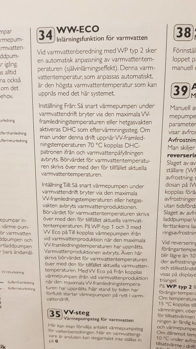 En sida ur en instruktionsbok för värmeinstallation med rubrikerna "VW-ECO" och "VV-steg" som beskriver funktioner för varmvattenberedning.
