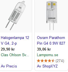 Halogenlampa och LED-lampa från olika återförsäljare med pris och kundomdömen.