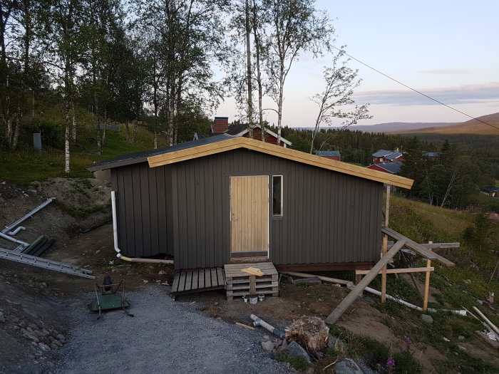 En nygrundad och två gånger målad stuga i kulören 1434 Labrador med vindstille natur i bakgrunden.