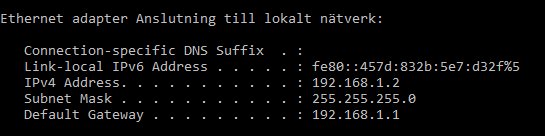 Skärmdump av nätverksinställningar med IPv6- och IPv4-adresser samt subnetmask och gateway.