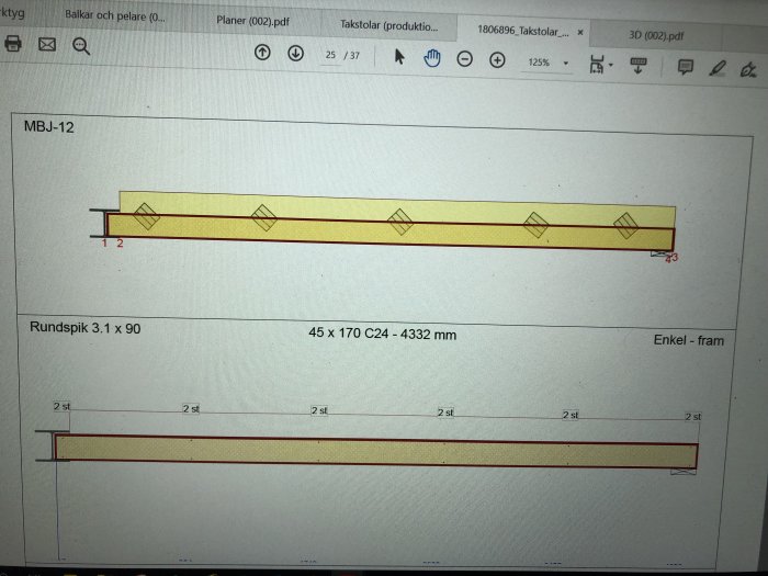 Konstruktionsritning av förstärkt bjälklag med måttangivelser och rundspikar.
