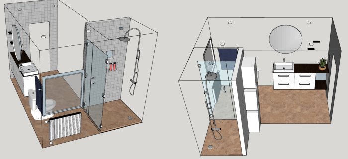 3D-skiss av badrum med duschkabin, toalett, handfat och spegel samt tanke på golvvärme och kakel.