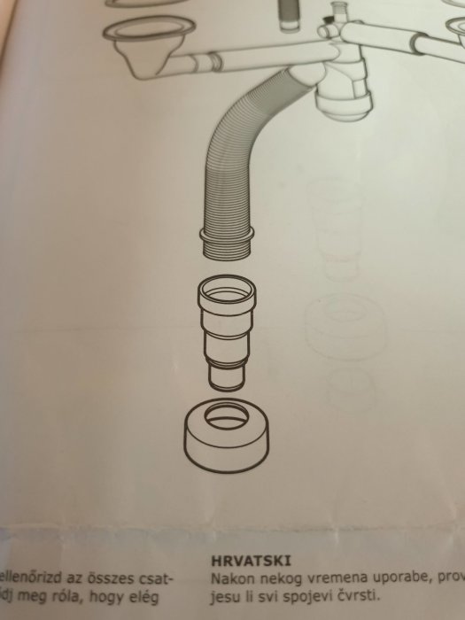 Diagram över ett IKEA Atlant vattenlås med avtagbara komponenter för buktig avloppsslang och gummimuff.