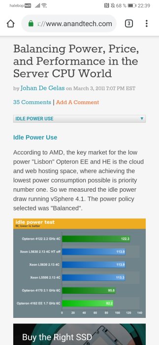 Skärmbild av en webbsida med en graf över tomgångsströmförbrukning för olika CPUer från 2011.
