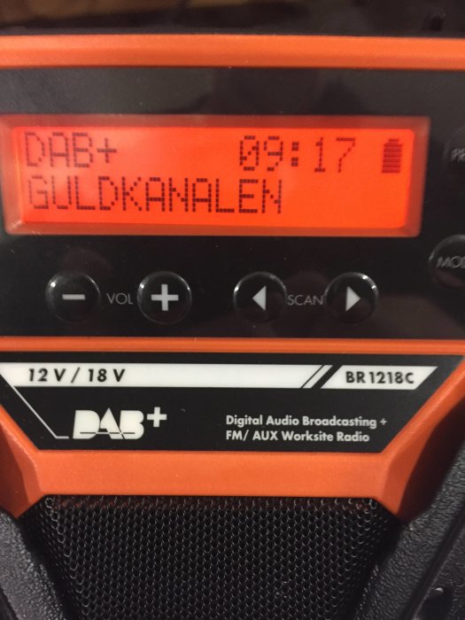 DAB+ radio med texten 'GULDKANALEN' på skärmen, knappar för inställningar och DAB+/FM-bandsmarkering.