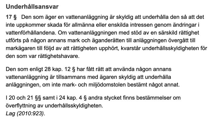 Skärmbild av juridisk text om underhållsansvar för vattenanläggning enligt svensk lag.