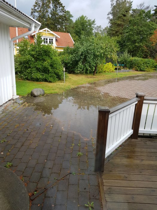 Vattenpöl på marksten framför hus med gult tegeltak efter regn, smutsiga sektioner synliga.