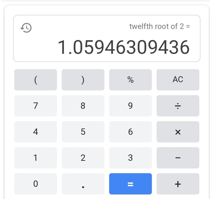 Kalkylatorapp som visar resultatet av den tolfte roten ur 2, vilket är 1.05946309436.