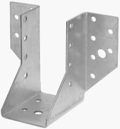 Metallisk balksko med flera förborrade hål, lämplig för konstruktioner och kan målas innan installation.