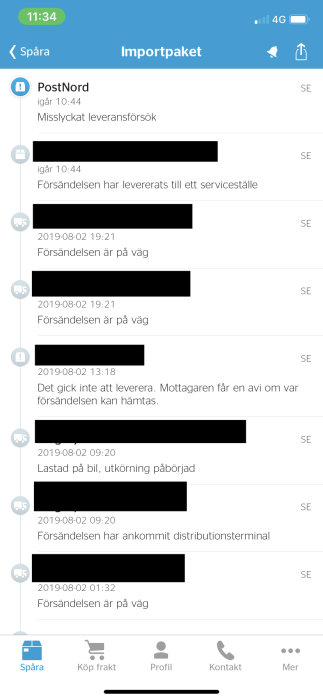 Skärmdump från spårningsapp som visar logg över misslyckat leveransförsök för ett paket.