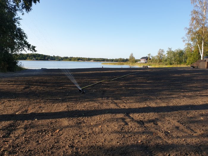 Handkrattad stor yta av jord med sprinkler vattendragning mot sjö och skog i bakgrunden.