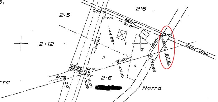 Tomtkarta med måttangivelser och markerade rör, område 1+2+3 inringat, förvirring kring värdena uttrycks.