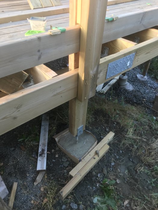 Altanräckets stolpe förstärkt med betongfot och stabiliseringsspjut.