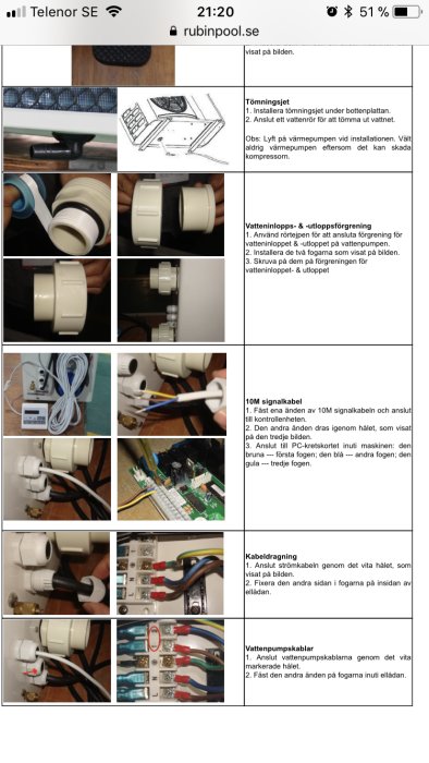 Instruktionsbilder för installation av vattenpump och elektrisk kabeldragning.