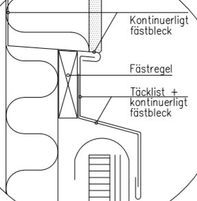 Teknisk ritning som visar fasadsystem med fästregel, tätning och kontinuerligt fästbleck för ett 40-talshus.