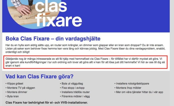 Skärmdump från Clas Ohlsons webbsida som marknadsför tjänsten Clas Fixare med en lista på vad de kan utföra.