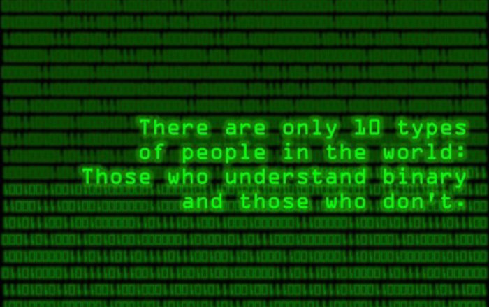 Grön digital bakgrund med texten "There are only 10 types of people in the world: Those who understand binary and those who don't".