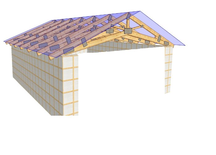 3D-modell av ett dubbelgarage stomme med saxtakstolar utan väggar och port.