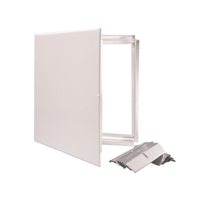 Vit inspektionslucka för vägg eller tak med öppen karm och borttagen dörr.