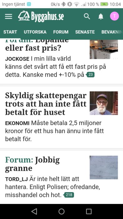 Skärmklipp från forumtråd på byggahus.se med textinlägg och en man i hatt.