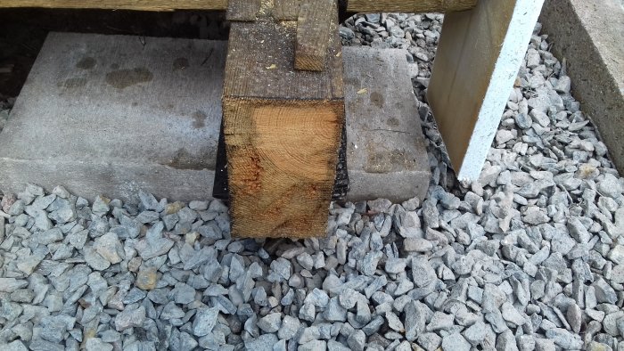 Detaljbild på en trallbit fastskruvad på en kapad bärlina för att täcka ändträet vid kantsten och grus.