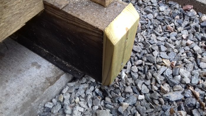 Detalj av träkonstruktion med gult vinkelbeslag på grusunderlag och synlig betongkant.