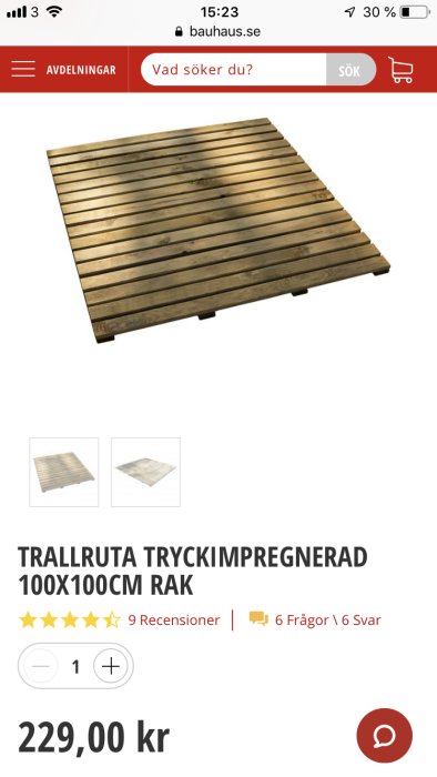 Tryckimpregnerad trallruta på 100x100 cm, lämplig för läggning på stensättning.