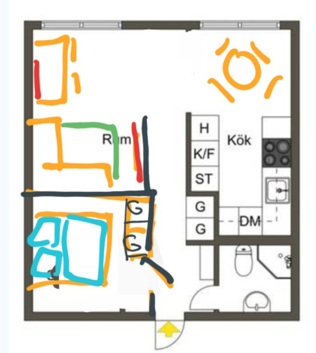 Handritade markeringar på lägenhetsplan med sovrum, garderober, avdelat vardagsrum och kök.