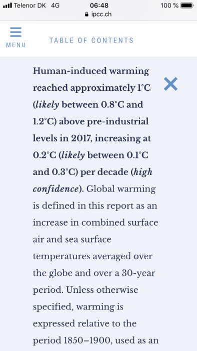 Skärmdump av IPCC-rapporten som diskuterar människopåverkad global uppvärmning.