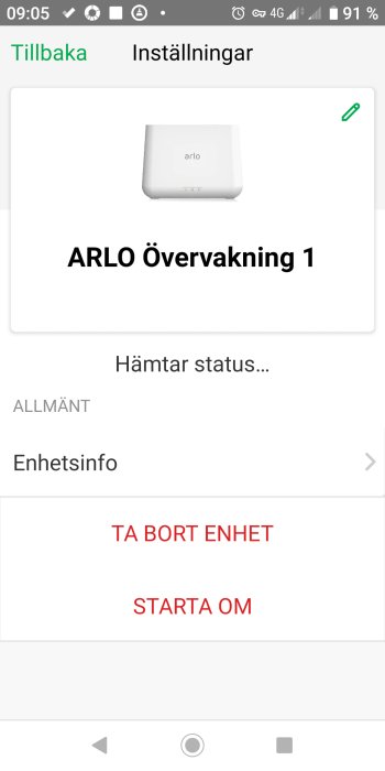 Skärmbild av app för att starta om ARLO Övervakning 1 utan wallplugg.