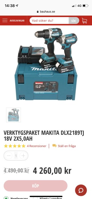 Makita verktygspaket med borrskruvdragare, slagskruvdragare, batterier och laddare visas på Bauhaus hemsida.