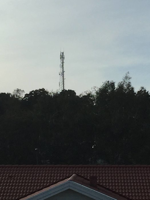 Höga mobilmasten i galvat stål som reser sig över hustaken och omgiven av träd mot en grå himmel.