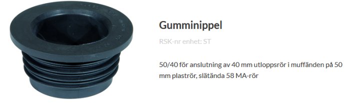 Svart gummimippel för anslutning av 40 mm rör med text angående dimensioner och användning.