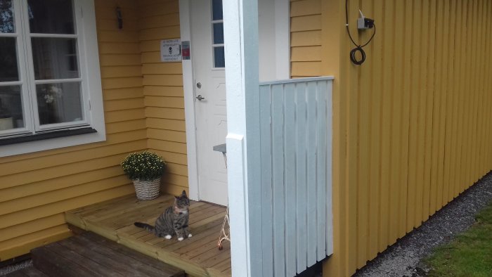 Ett högt byggt räcke vid en entrédörr på ett gult hus, med en katt sittande på verandan framför.